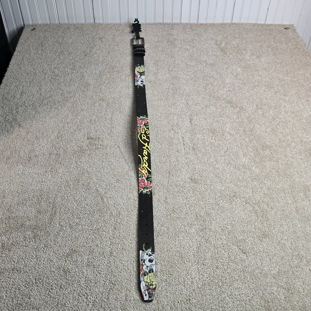 Ed Hardy Mens Black Bonded Leather Tattoo Graphic Belt Skull Rose Size 32 New